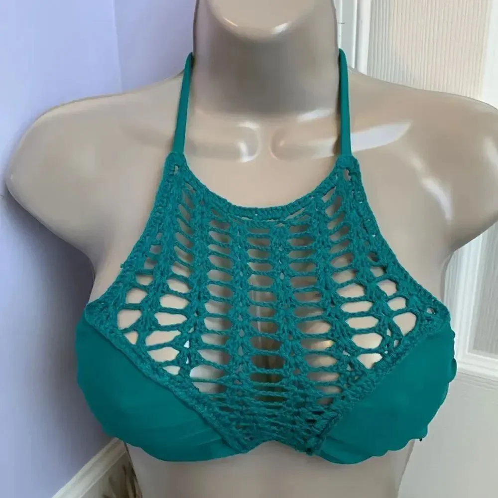 Designer crochet teal sea blue Swimsuit Top Bra Swimwear XS
